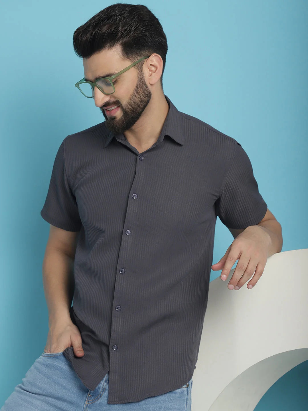 Grey Striped Mens Shirt - Half Sleeve Casual Cotton Shirt