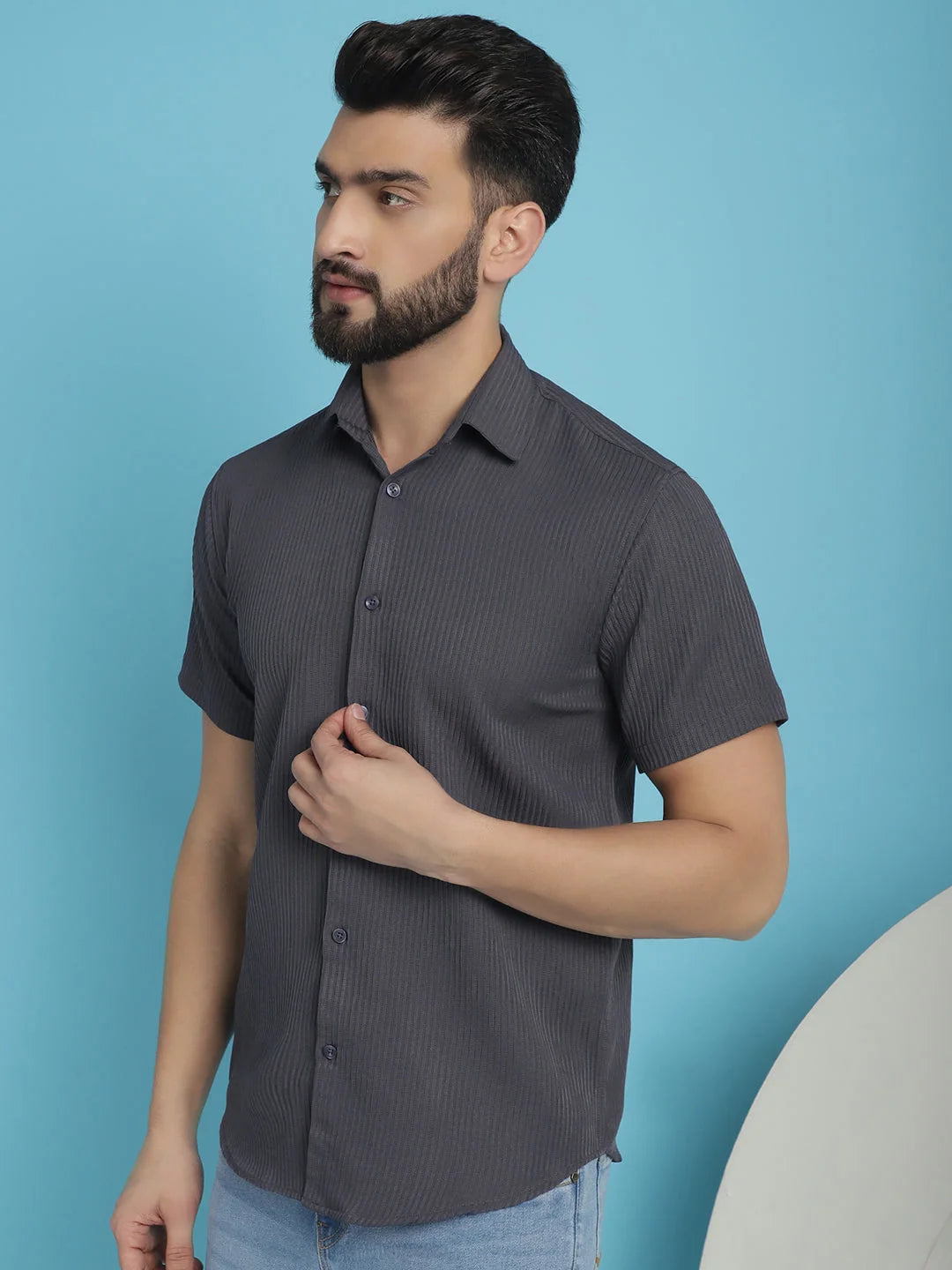 Grey Striped Mens Shirt - Half Sleeve Casual Cotton Shirt
