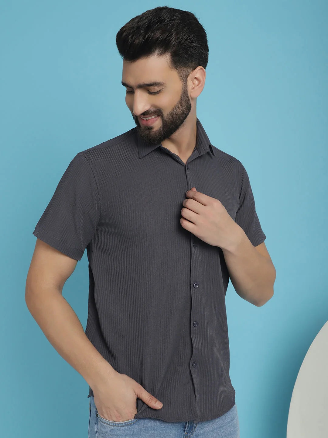 Grey Striped Mens Shirt - Half Sleeve Casual Cotton Shirt