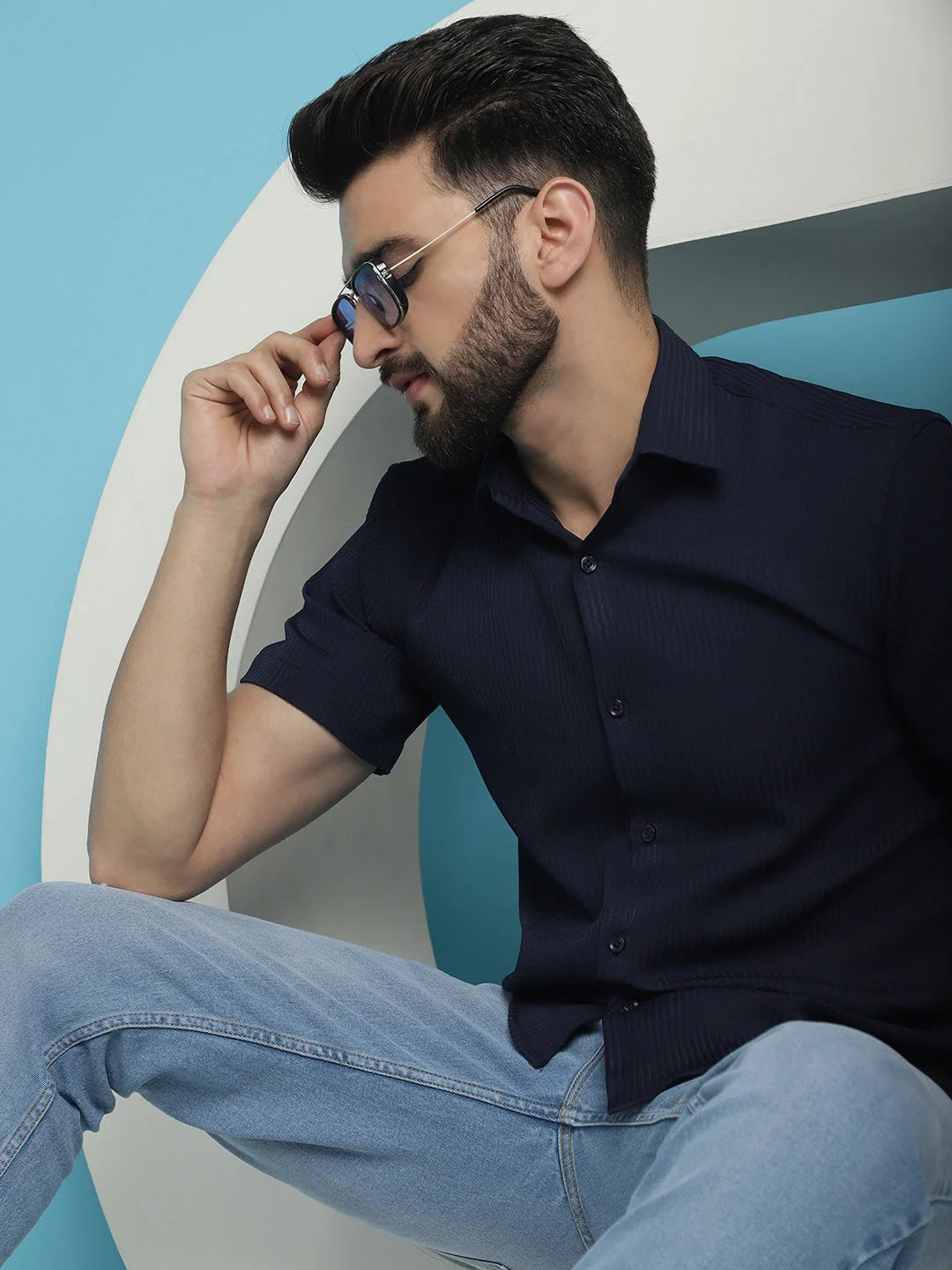 Navy Striped Cotton Mens Shirt - Half Sleeve Casual Shirt