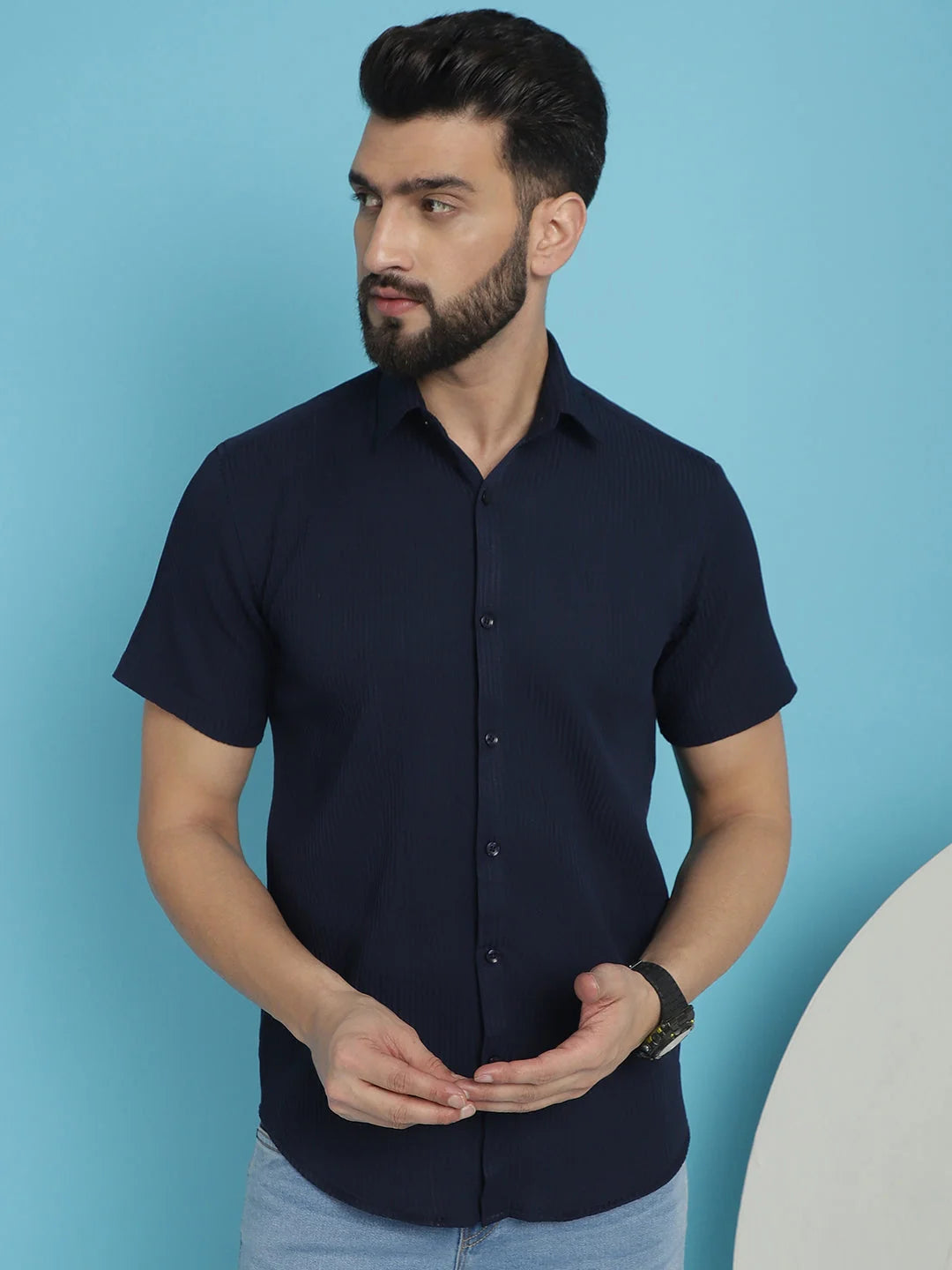 Navy Striped Cotton Mens Shirt - Half Sleeve Casual Shirt