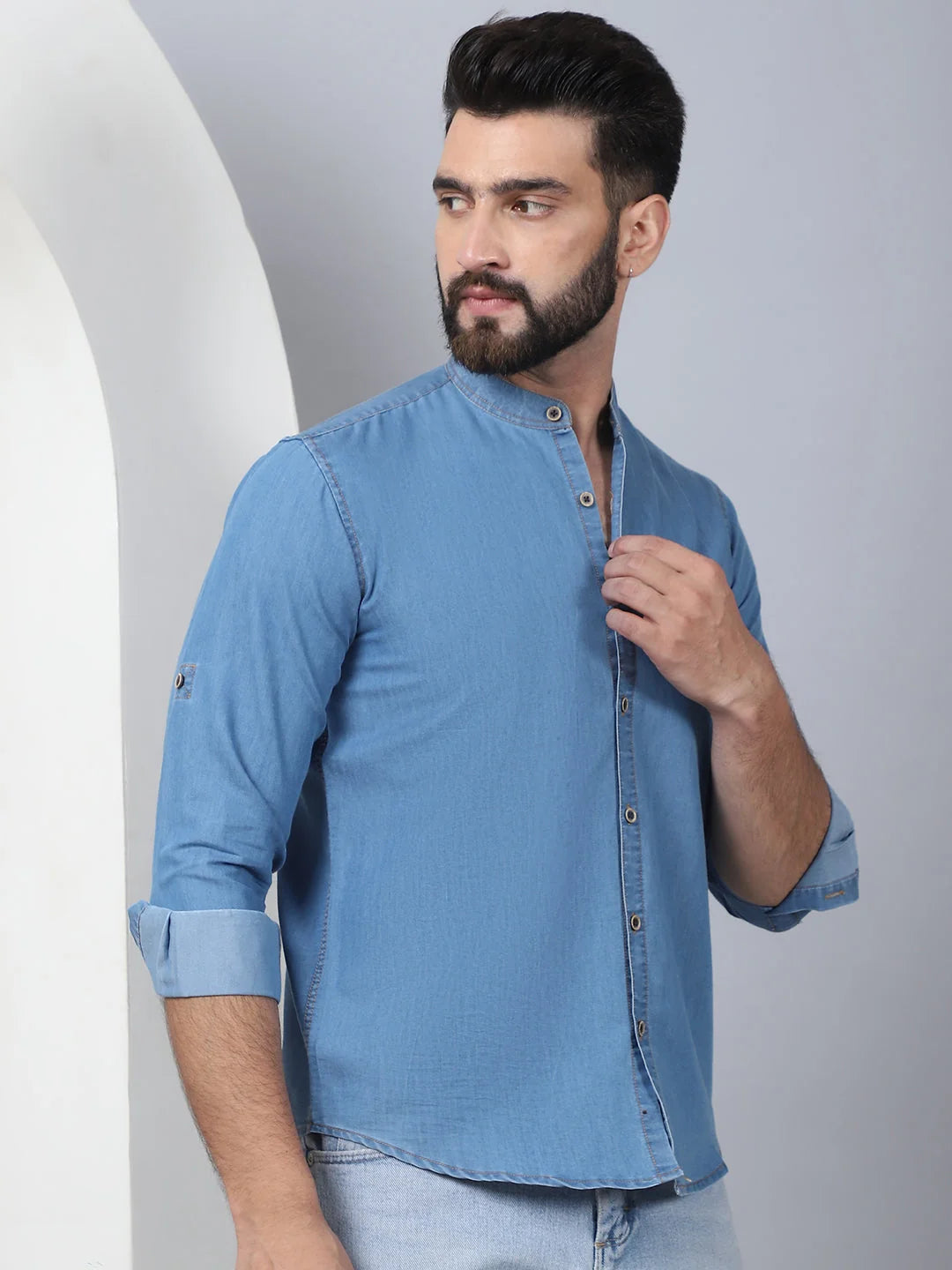 Light Blue Denim Mens Shirt - Mandarin Collar Cotton Shirt