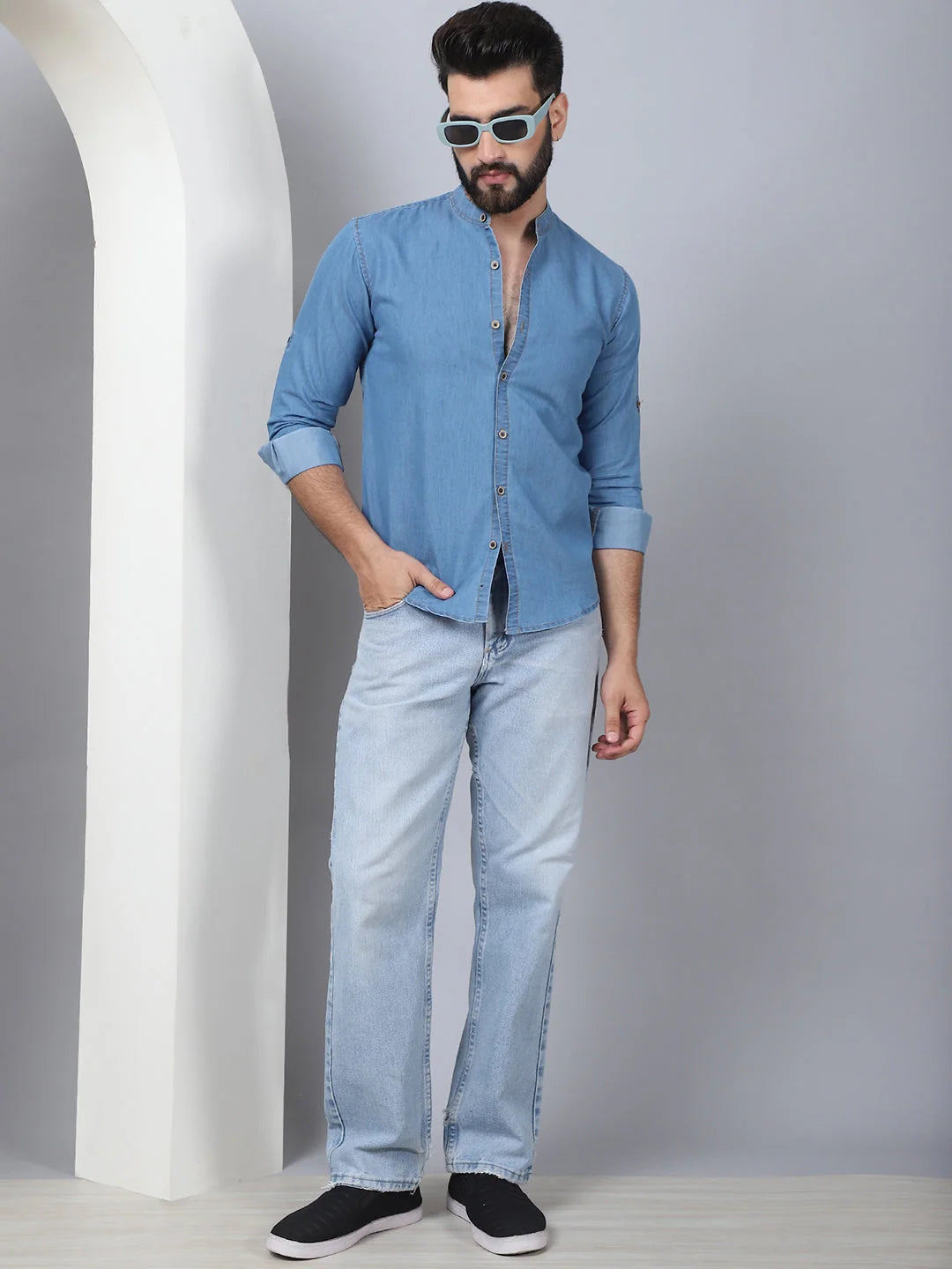 Light Blue Denim Mens Shirt - Mandarin Collar Cotton Shirt