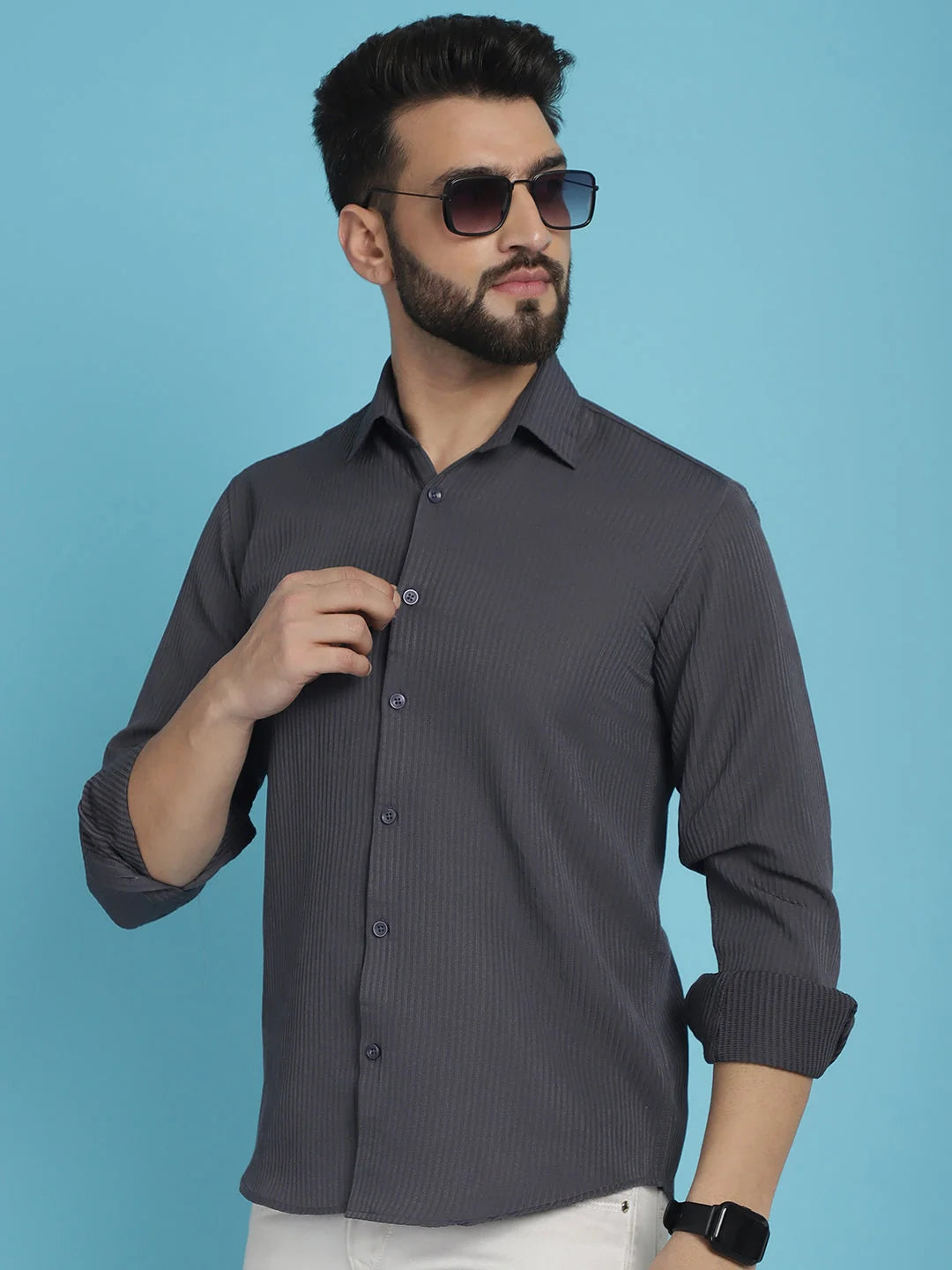 Striped Mens Shirt SF-923Grey - Casual Cotton Shirt
