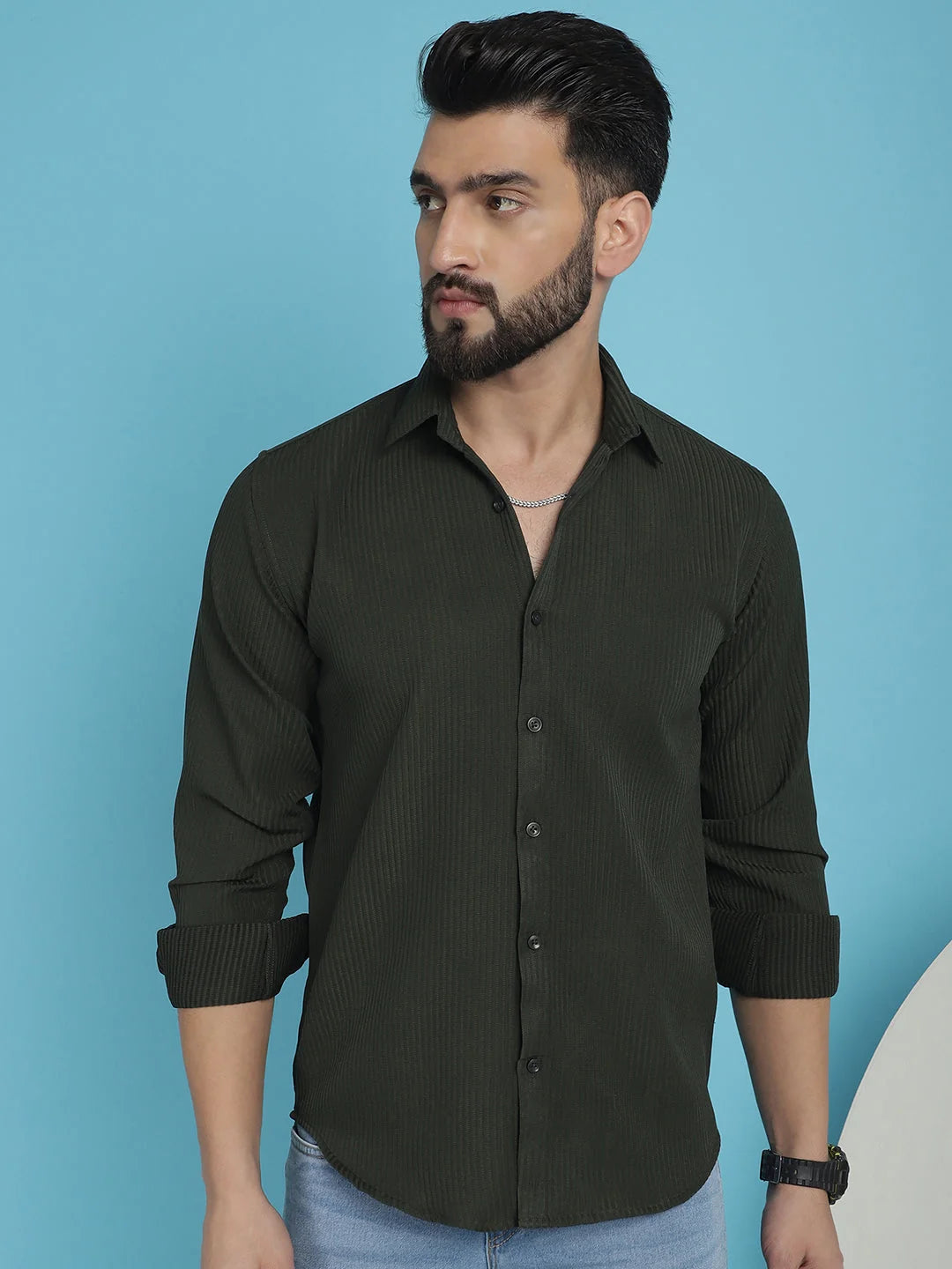 Olive Striped Cotton Mens Shirt - Stylish & Comfortable Fit