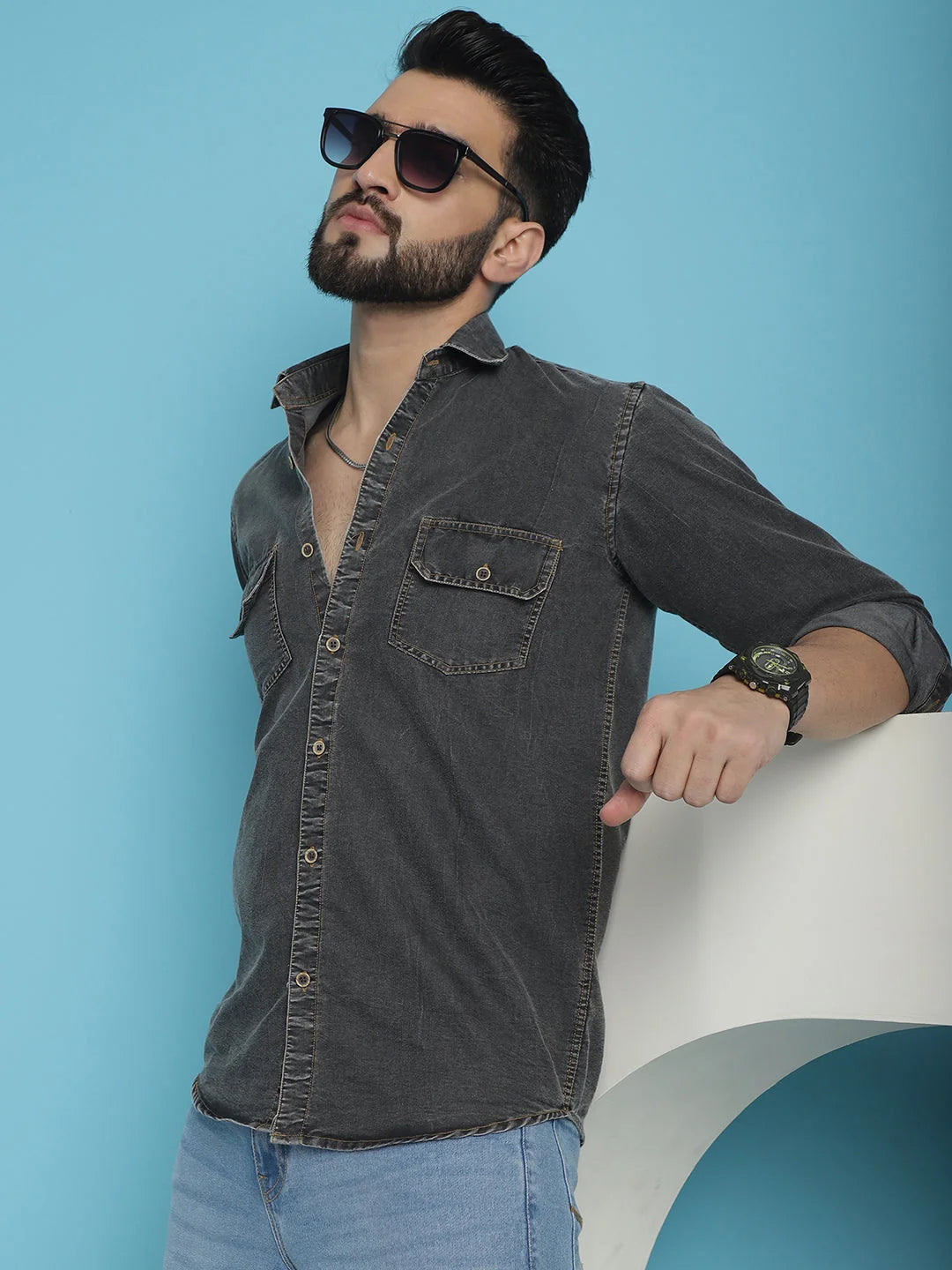 Faded Cotton Denim Casual Shirt - Classic Style for Men