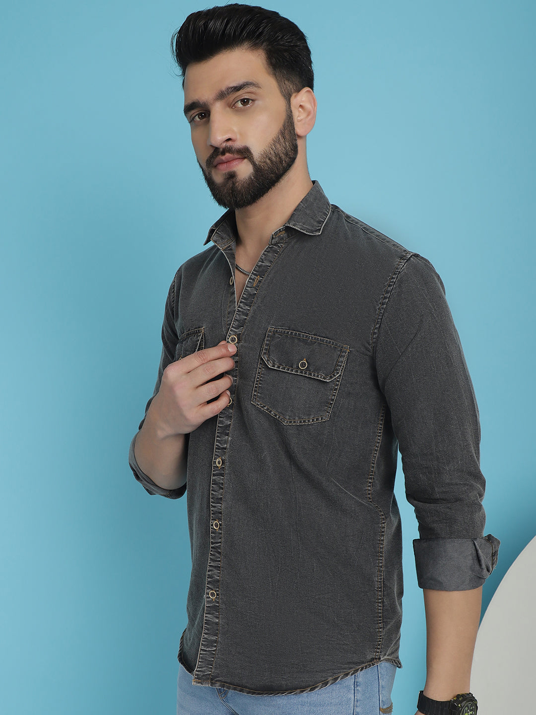 Faded Cotton Denim Casual Shirt - Classic Style for Men