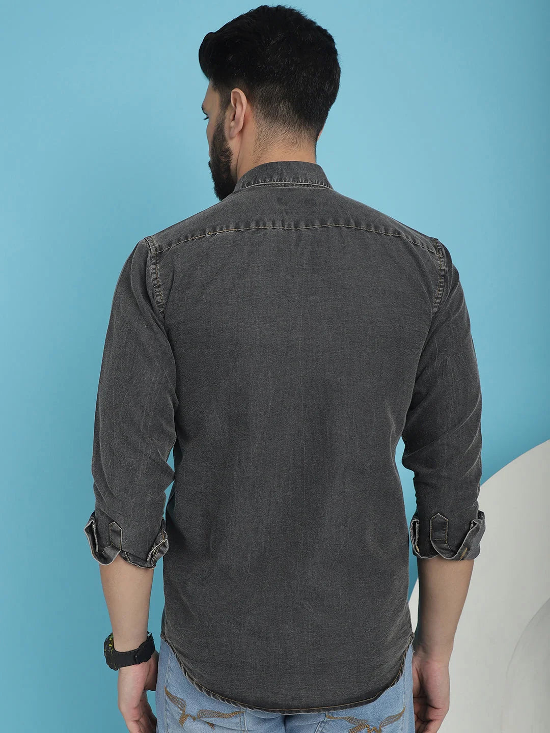 Faded Cotton Denim Casual Shirt - Classic Style for Men
