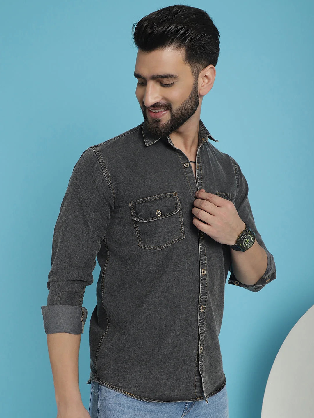 Faded Cotton Denim Casual Shirt - Classic Style for Men