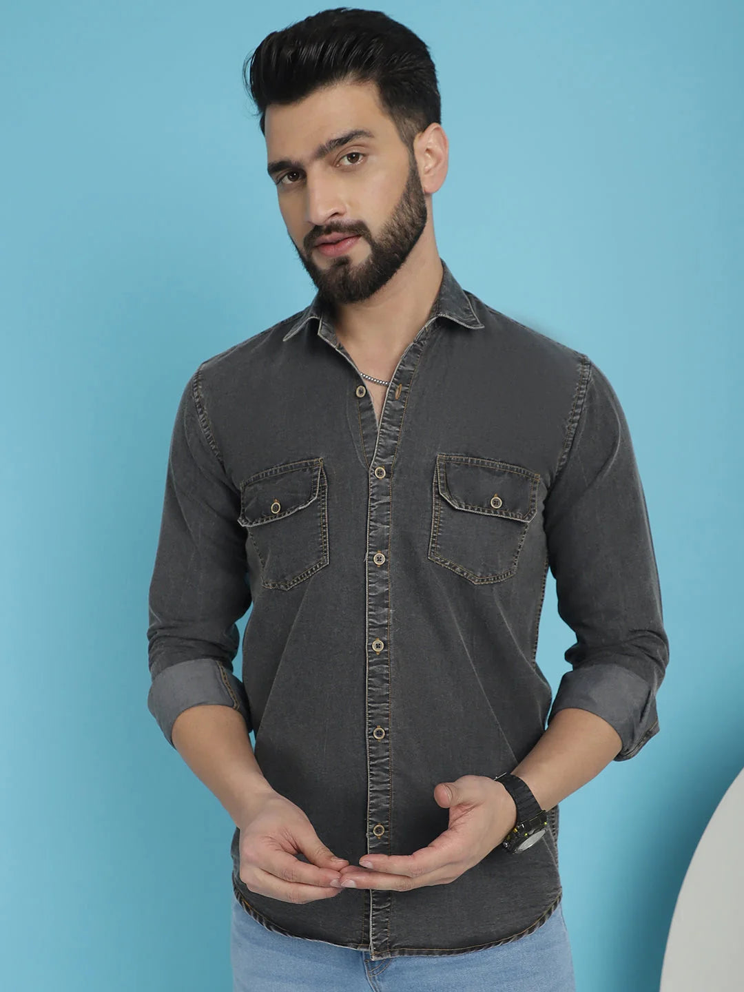 Faded Cotton Denim Casual Shirt - Classic Style for Men