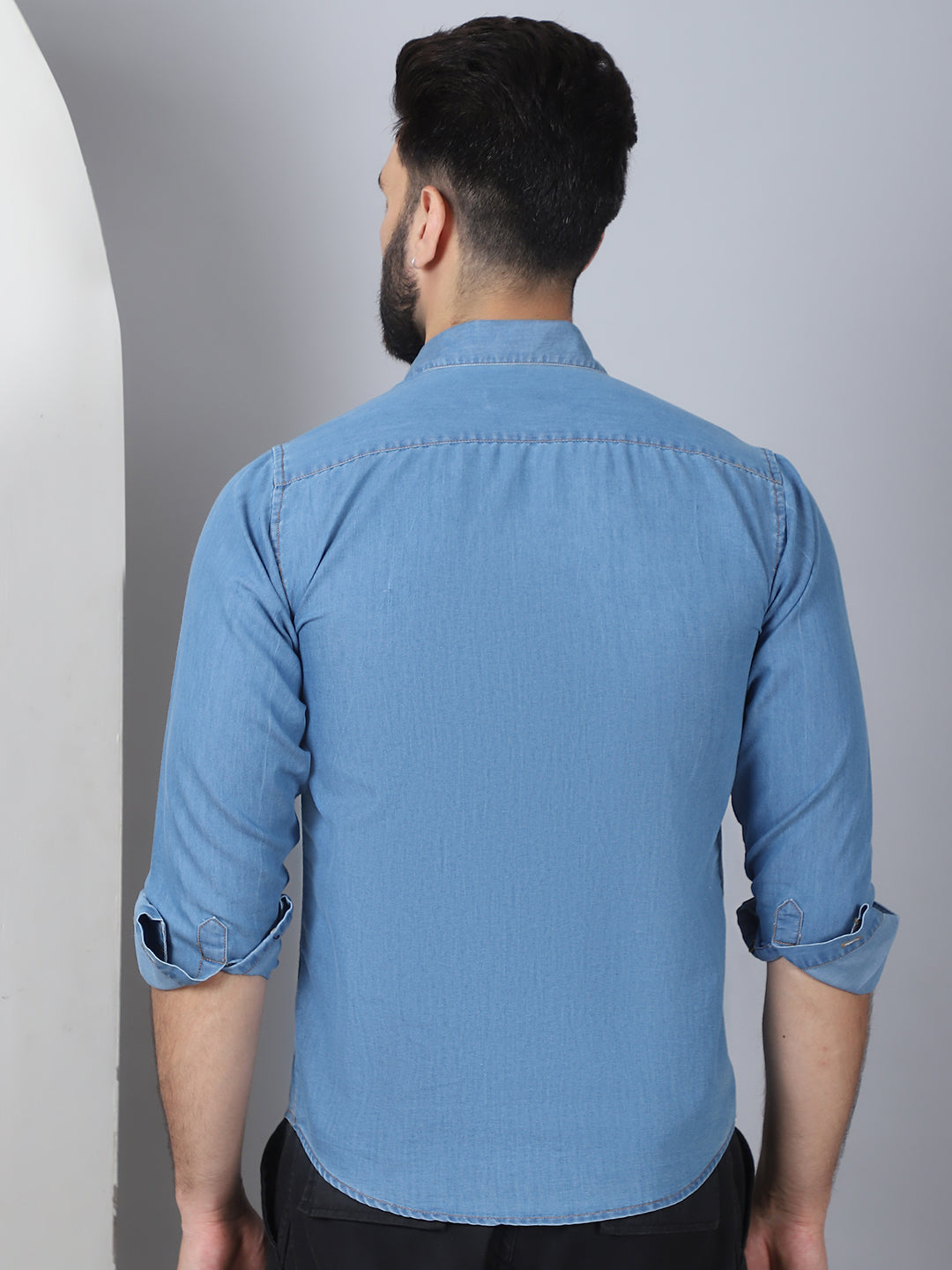 Faded Denim Mens Shirt - Light Blue Long Sleeve Cotton Shirt