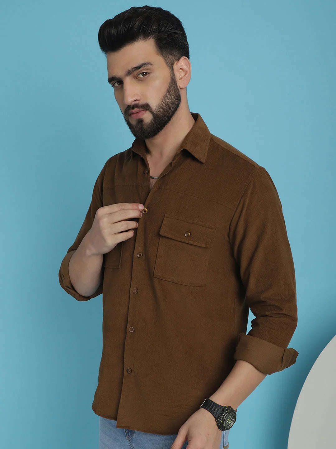 Men's Brown Cotton Shirt - Corduroy, Standard Fit (SF-925Brown)