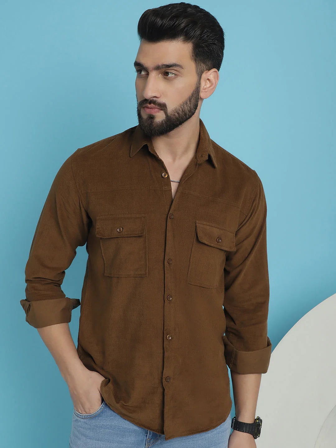 Men's Brown Cotton Shirt - Corduroy, Standard Fit (SF-925Brown)