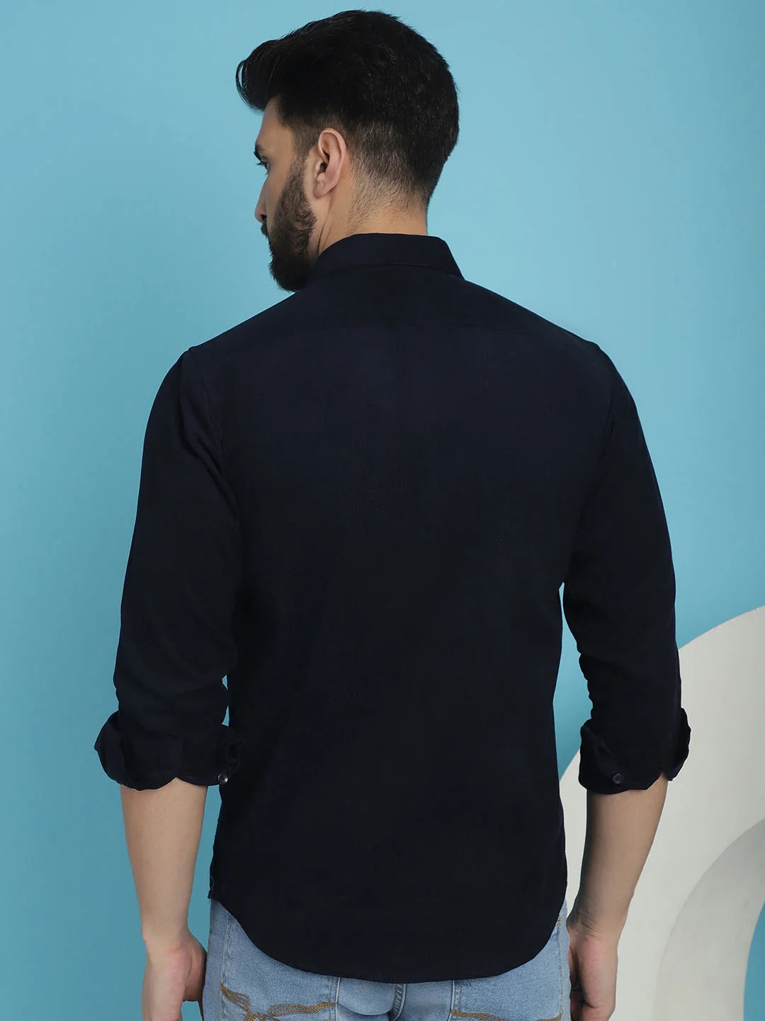 Men's Navy Cotton Shirt - Solid Corduroy Style, Standard Fit