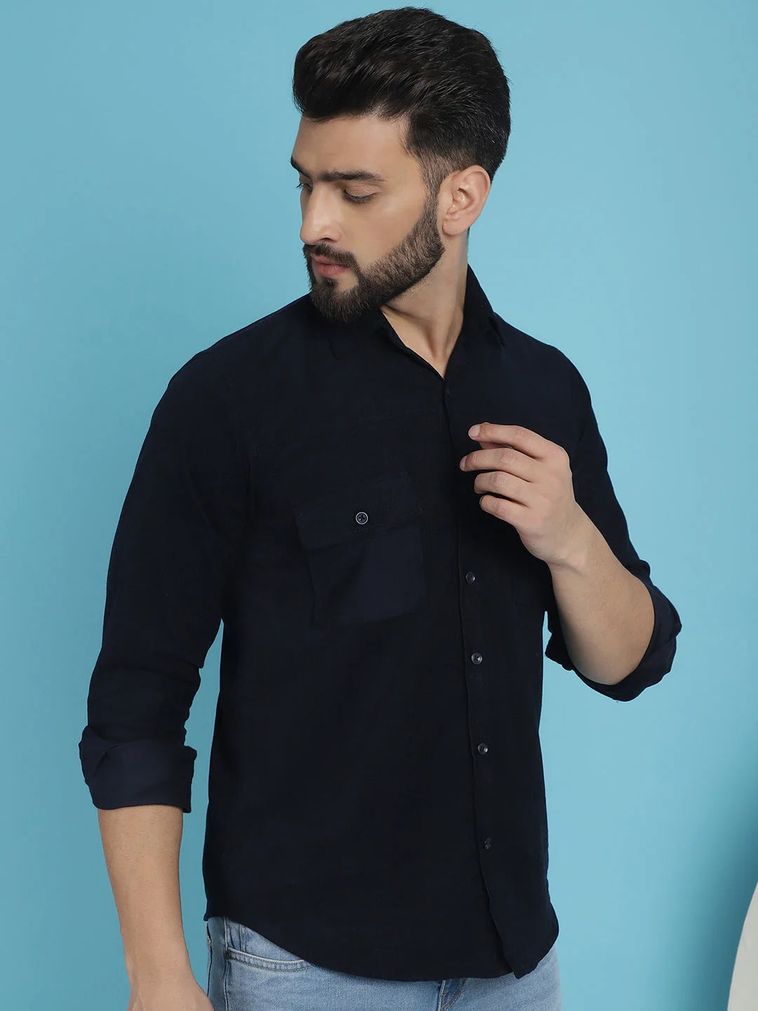 Men's Navy Cotton Shirt - Solid Corduroy Style, Standard Fit