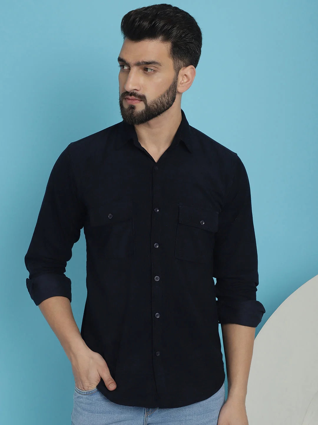Men's Navy Cotton Shirt - Solid Corduroy Style, Standard Fit