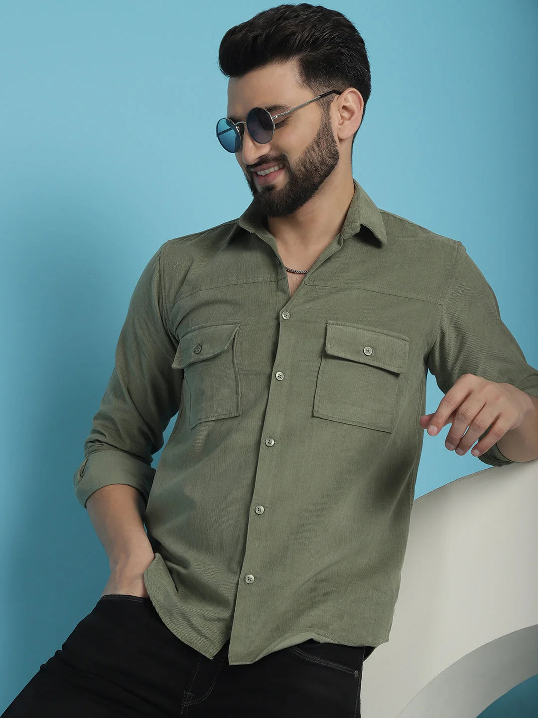 Men's Standard Cotton Shirt - Solid Corduroy Casual Wear