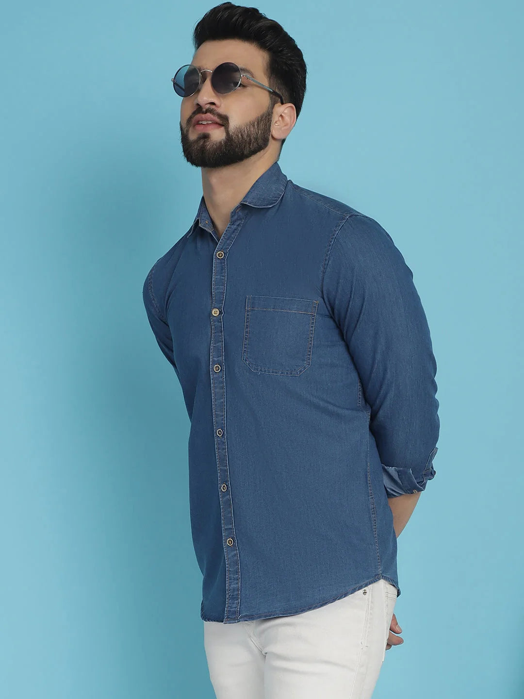 Denim Casual Shirt for Men - Faded Cotton Solid Design