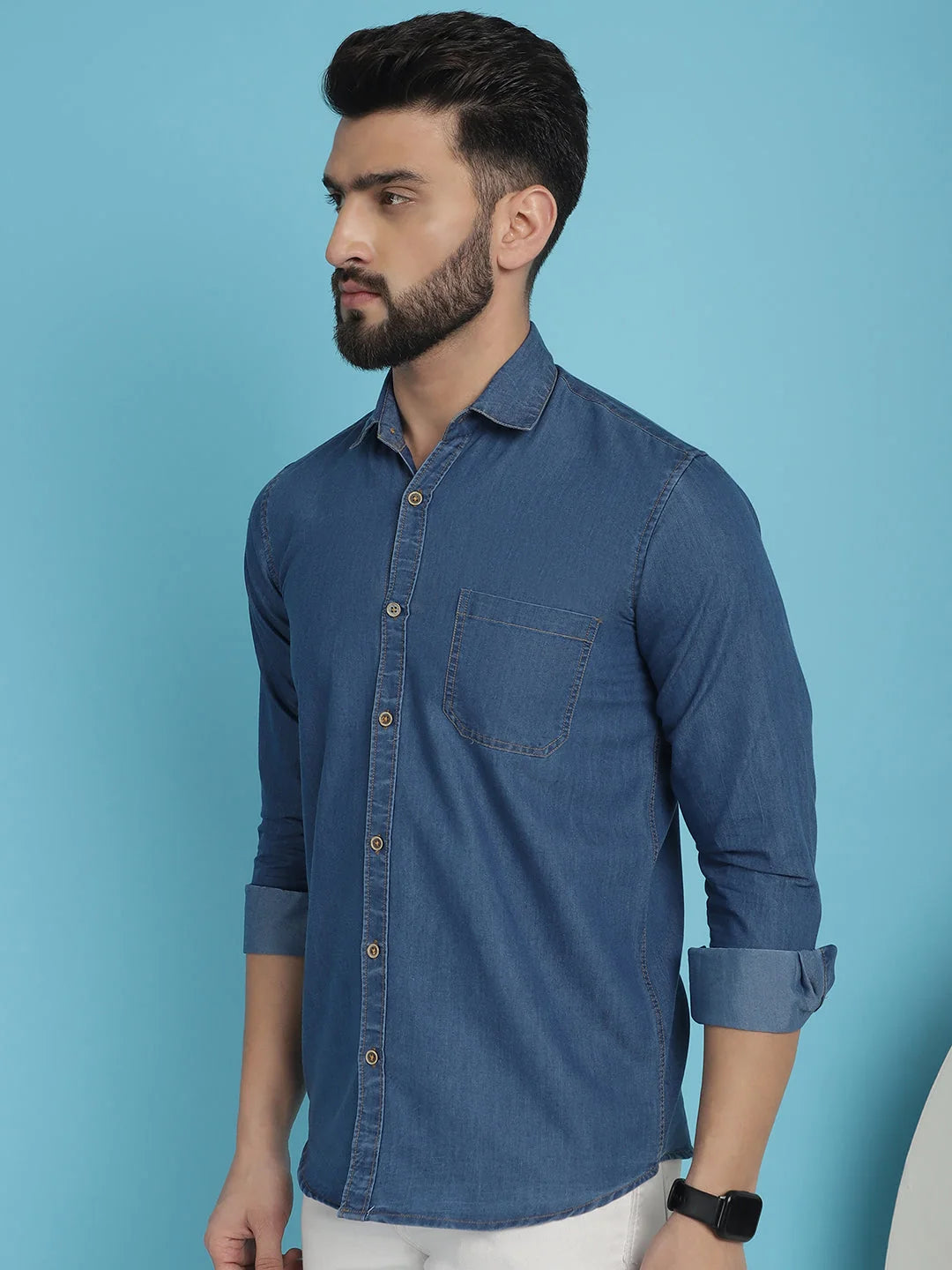Denim Casual Shirt for Men - Faded Cotton Solid Design