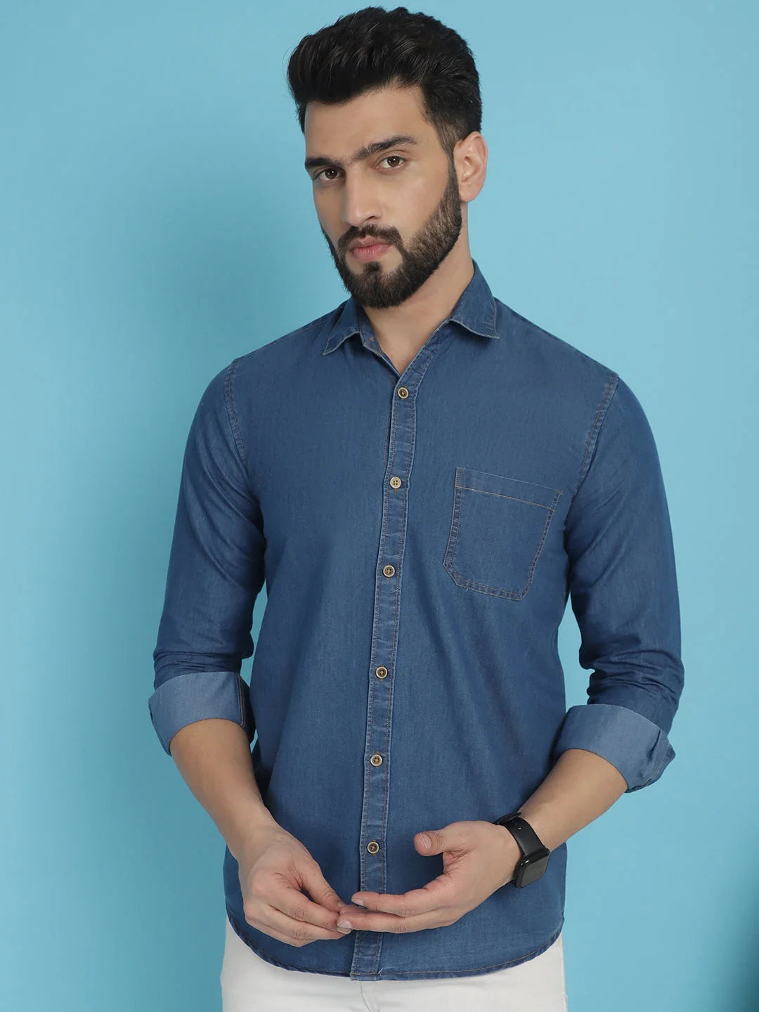 Denim Casual Shirt for Men - Faded Cotton Solid Design