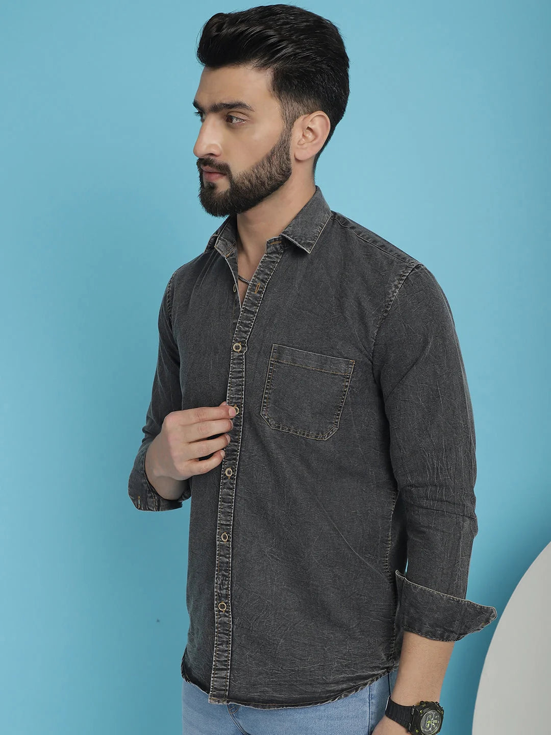 Faded Cotton Denim Mens Shirt - Casual Style, Solid Design