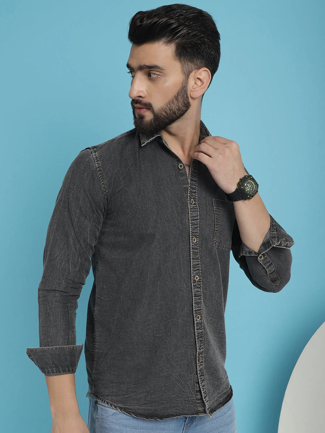 Faded Cotton Denim Mens Shirt - Casual Style, Solid Design