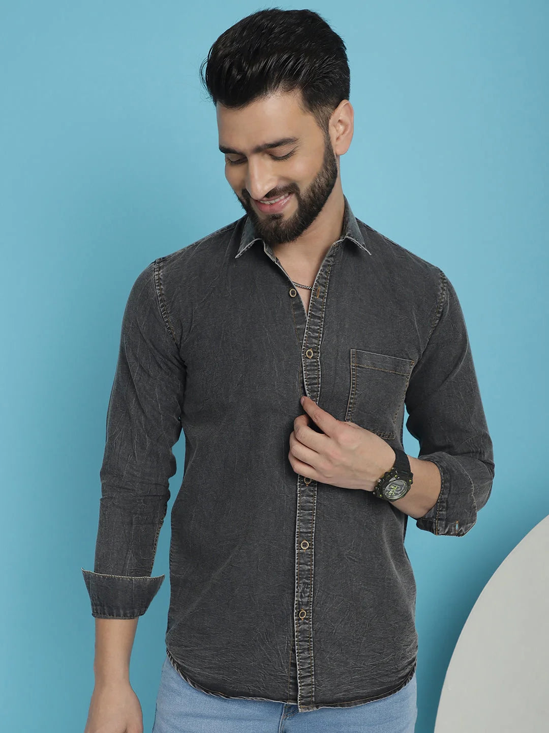 Faded Cotton Denim Mens Shirt - Casual Style, Solid Design