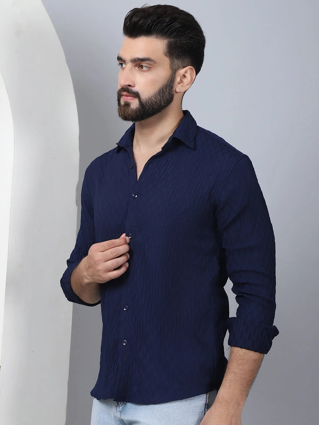 Navy Woven Design Mens Shirt - Long Sleeve Cotton Shirt