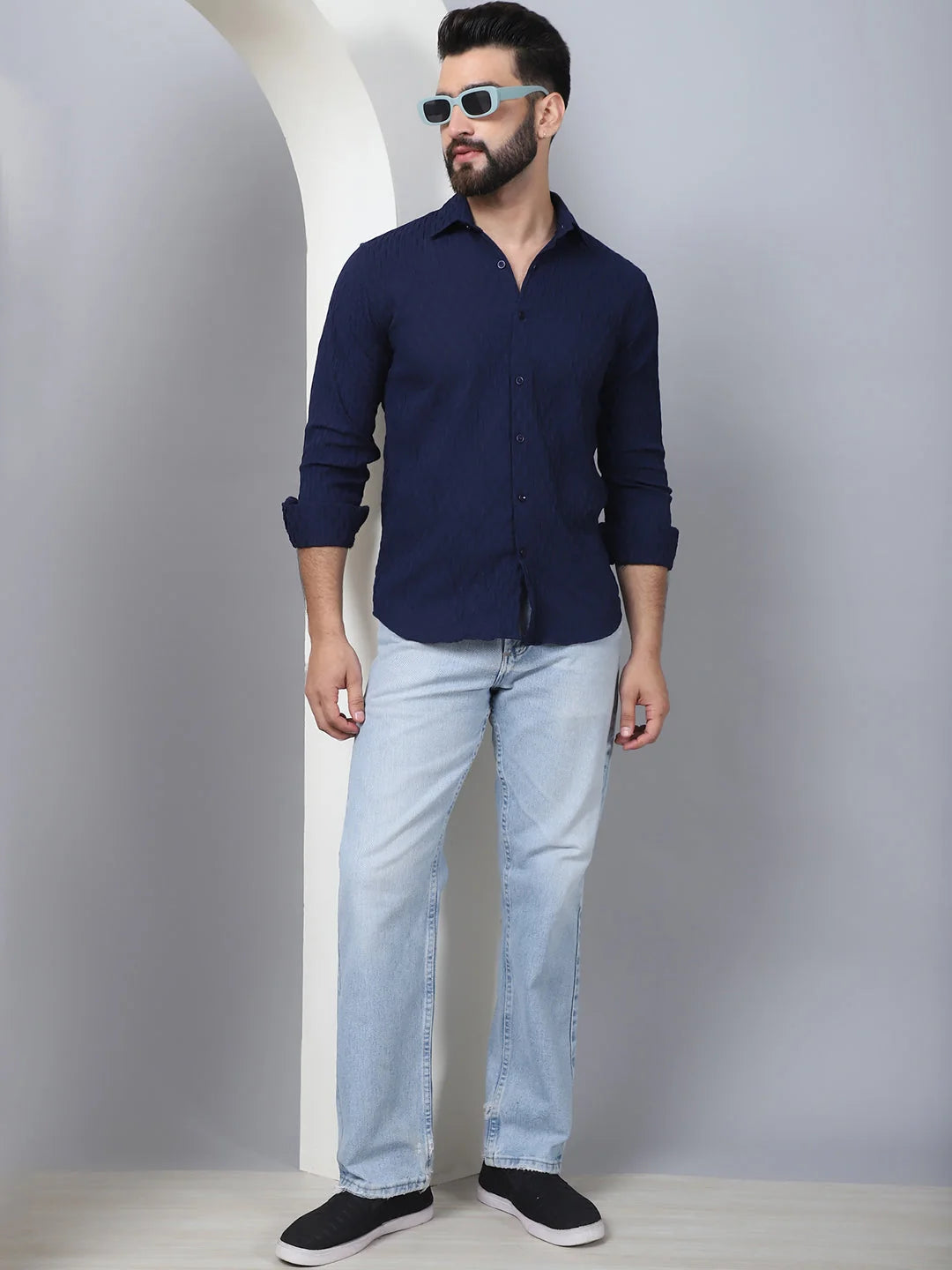 Navy Woven Design Mens Shirt - Long Sleeve Cotton Shirt