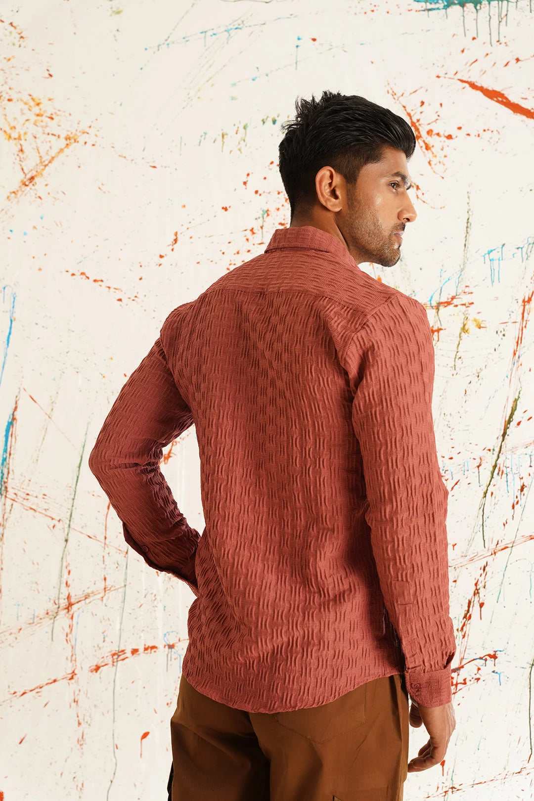 Peach Cotton Mens Shirt - Woven Design Casual Style