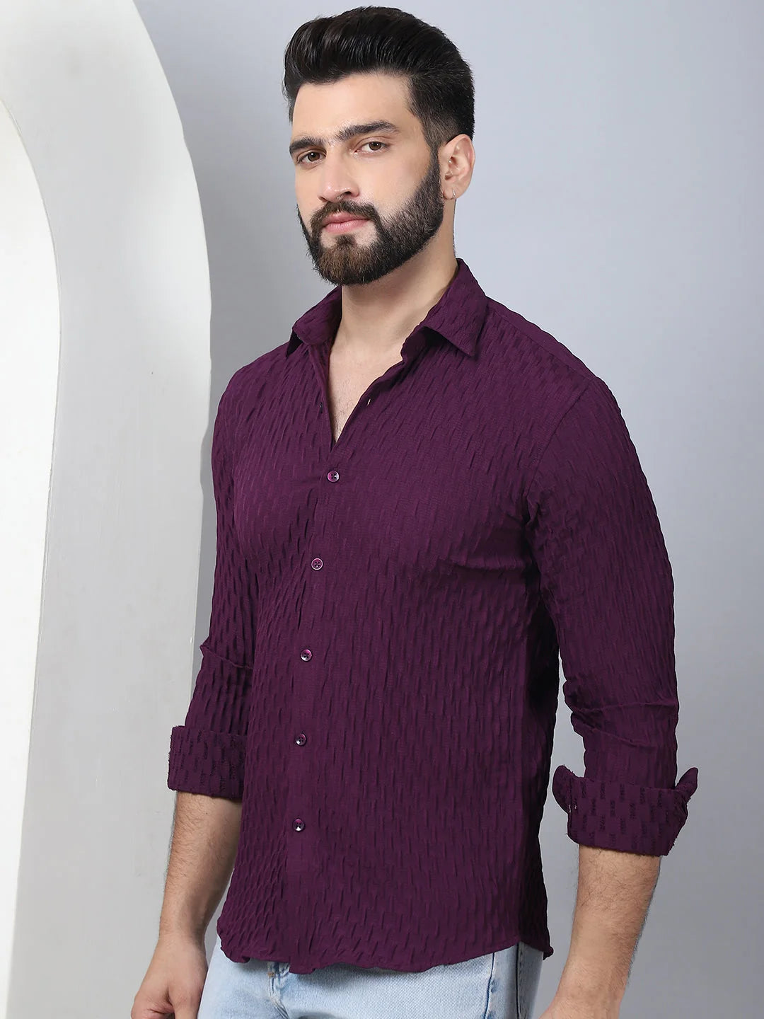 Woven Design Purple Mens Shirt - Long Sleeve Cotton Shirt
