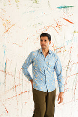 Printed Spread Collar Cotton Curved Casual Shirt-SF-930Blue