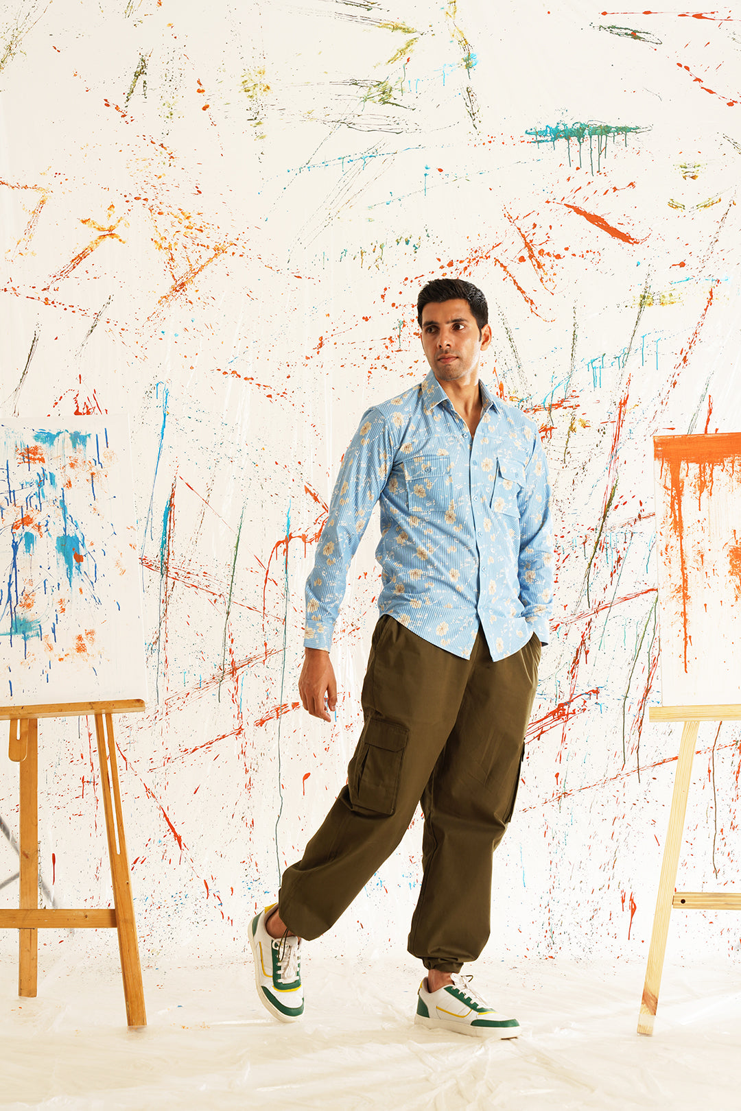 Blue Printed Cotton Shirt - Casual Spread Collar Mens Shirt