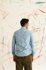 Printed Spread Collar Cotton Curved Casual Shirt-SF-930Blue