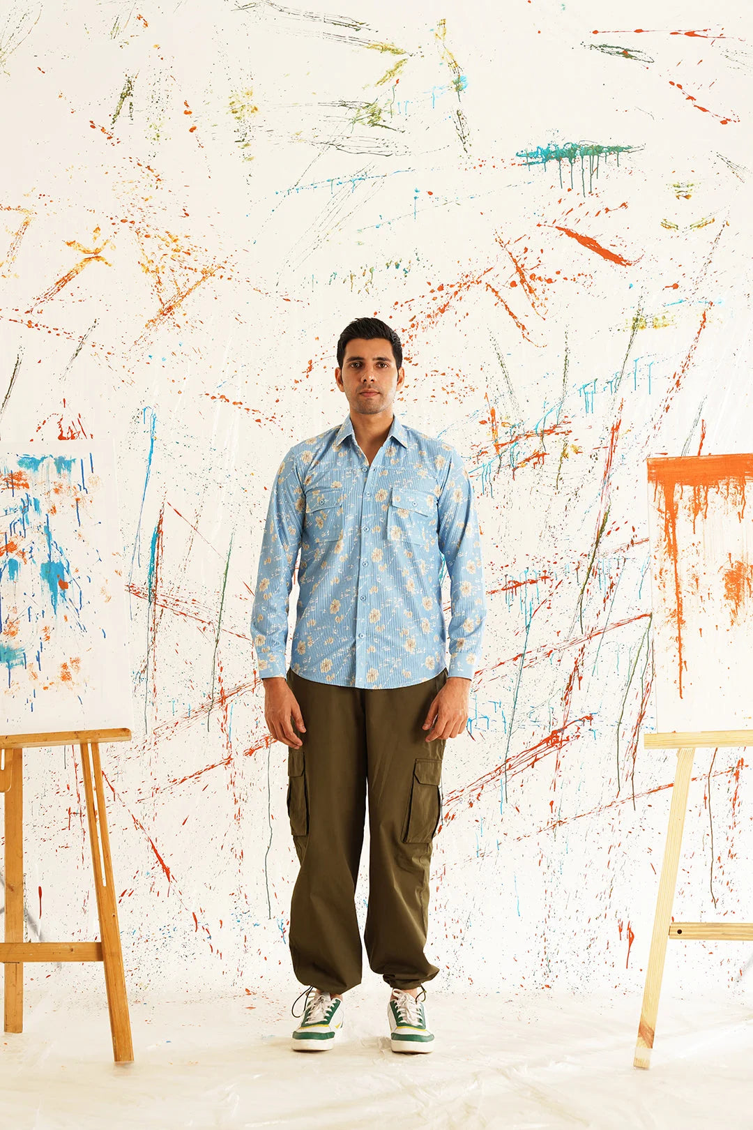 Blue Printed Cotton Shirt - Casual Spread Collar Mens Shirt
