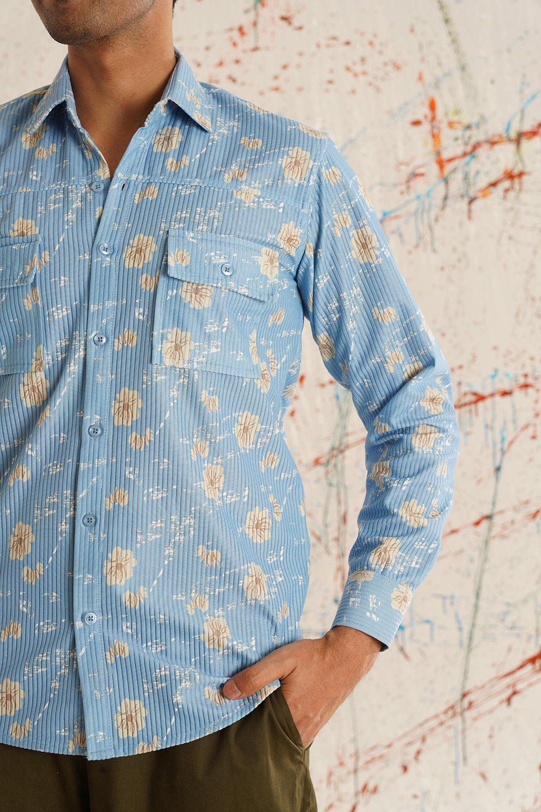 Blue Printed Cotton Shirt - Casual Spread Collar Mens Shirt