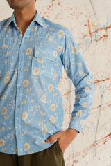 Printed Spread Collar Cotton Curved Casual Shirt-SF-930Blue
