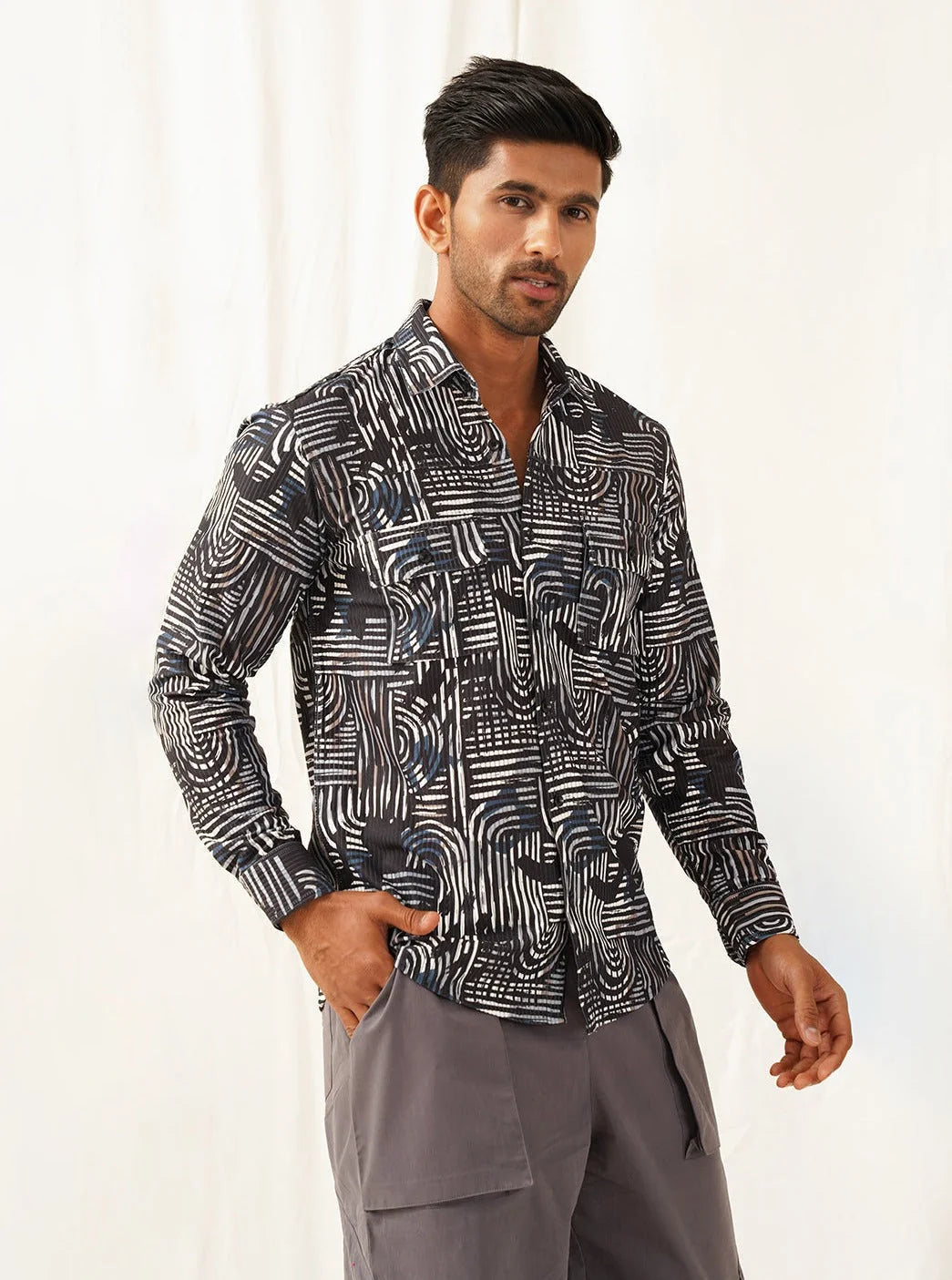 Charcoal Printed Cotton Shirt - Spread Collar Mens Shirt