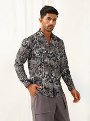 Grey Printed Spread Collar Cotton Curved Casual Shirt-SF-930Charcoal