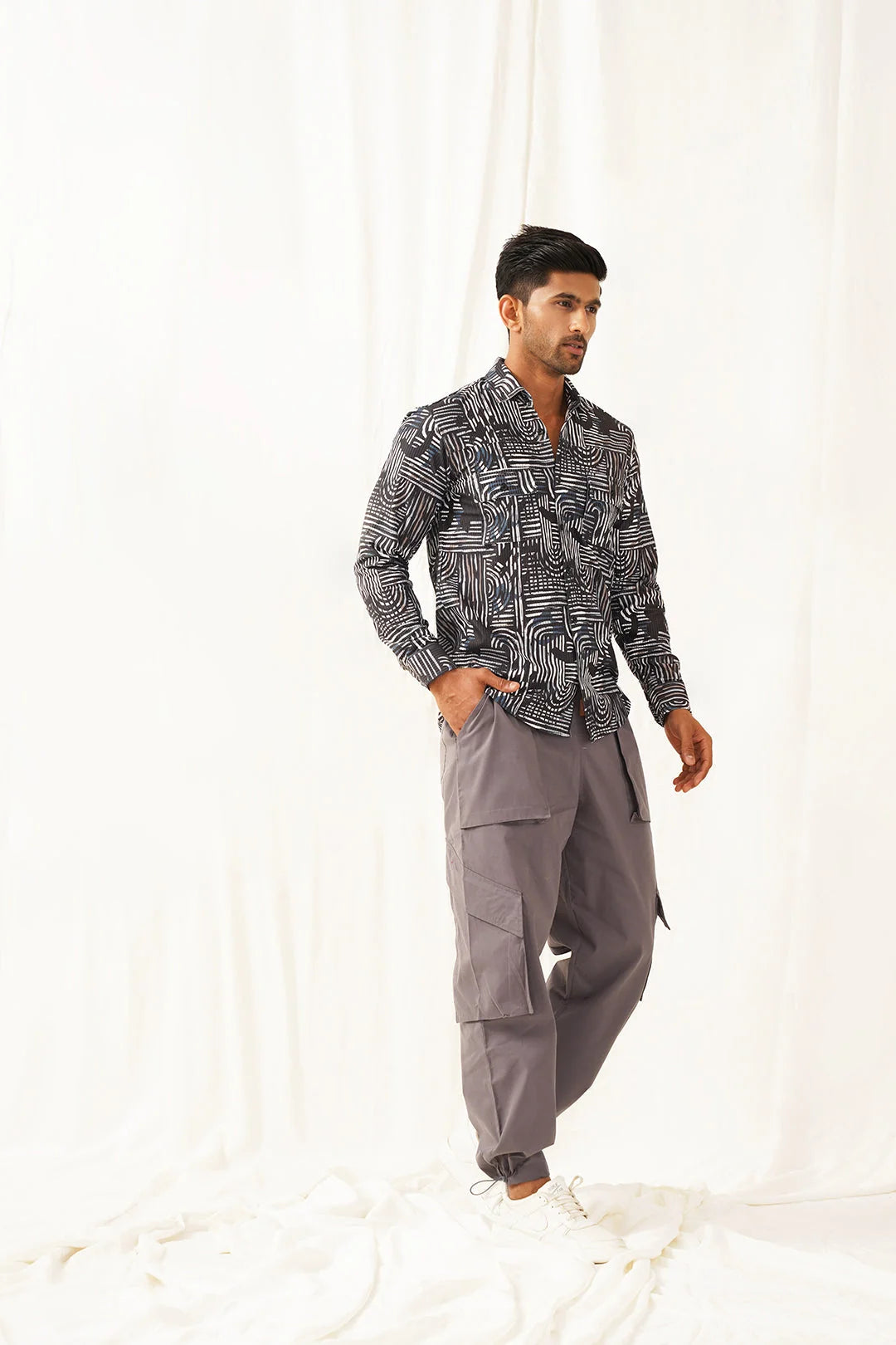 Charcoal Printed Cotton Shirt - Spread Collar Mens Shirt