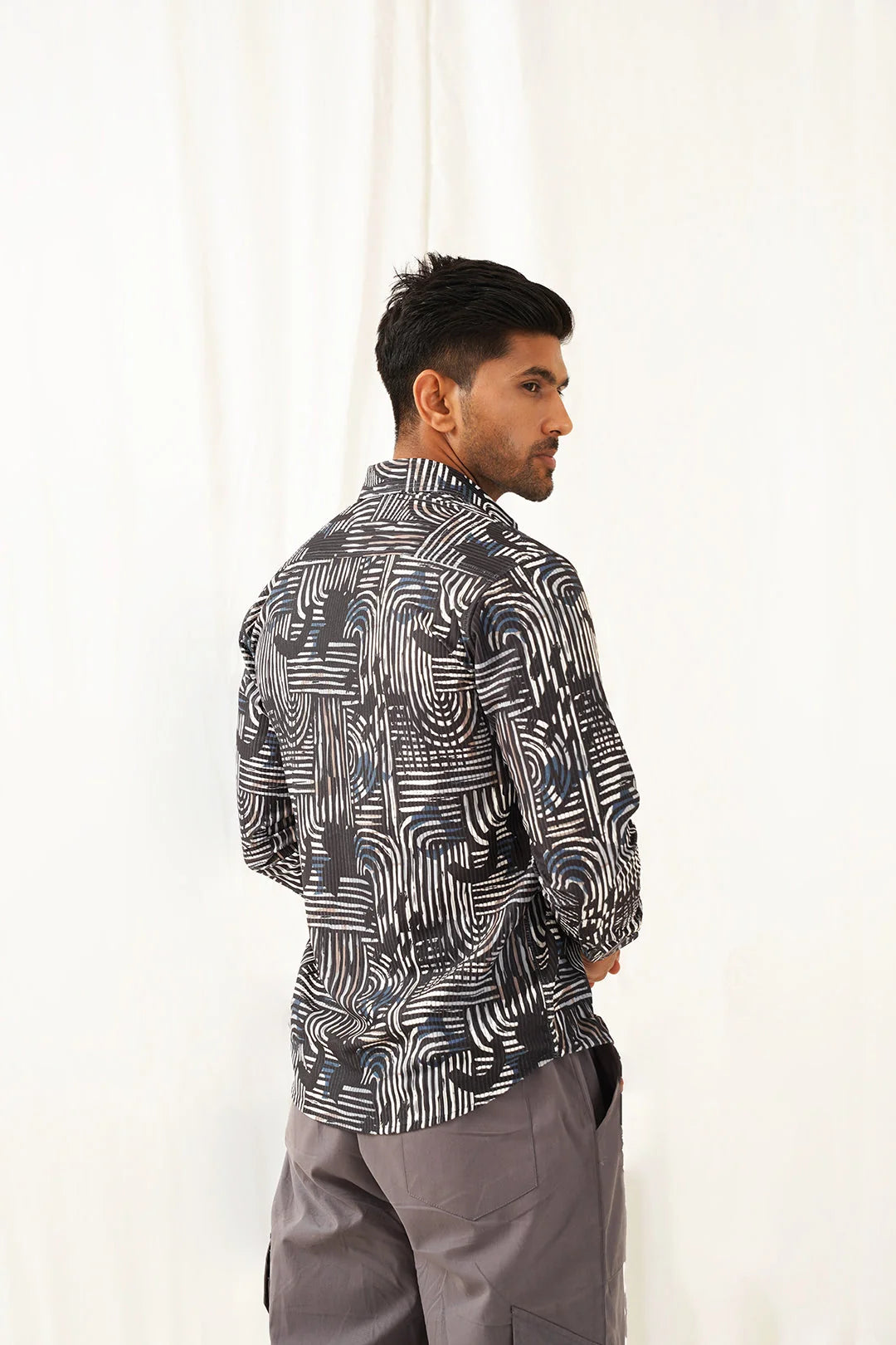 Charcoal Printed Cotton Shirt - Spread Collar Mens Shirt