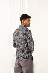 Grey Printed Spread Collar Cotton Curved Casual Shirt-SF-930Charcoal