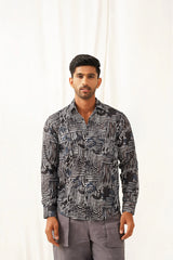 Grey Printed Spread Collar Cotton Curved Casual Shirt-SF-930Charcoal