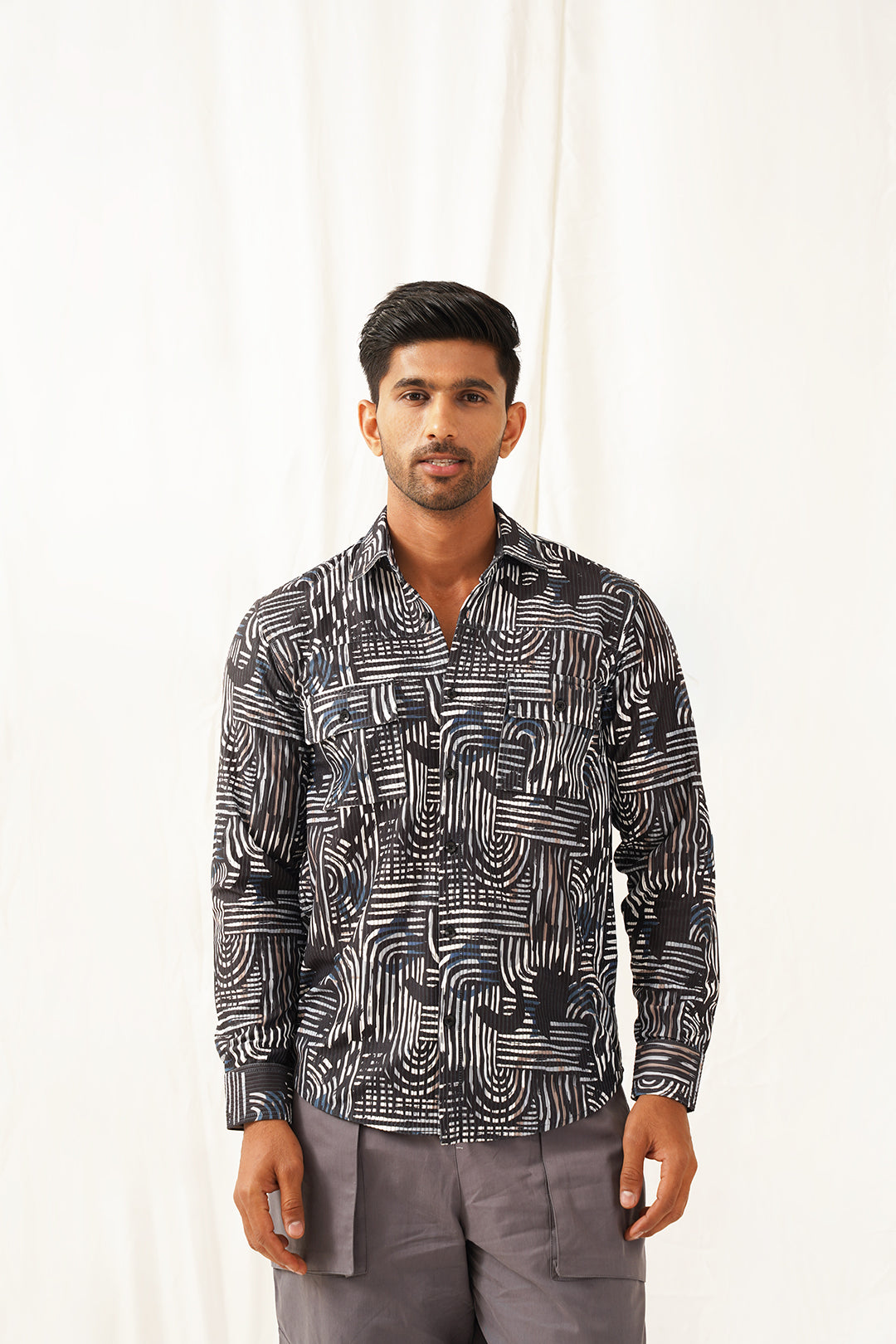 Charcoal Printed Cotton Shirt - Spread Collar Mens Shirt