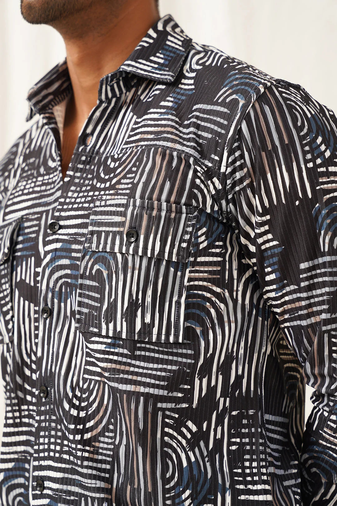 Charcoal Printed Cotton Shirt - Spread Collar Mens Shirt