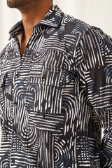 Grey Printed Spread Collar Cotton Curved Casual Shirt-SF-930Charcoal