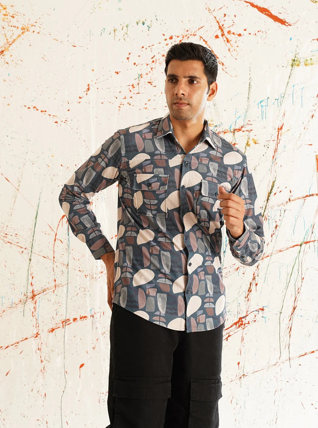 Grey Printed Cotton Shirt - Spread Collar Casual Mens Shirt