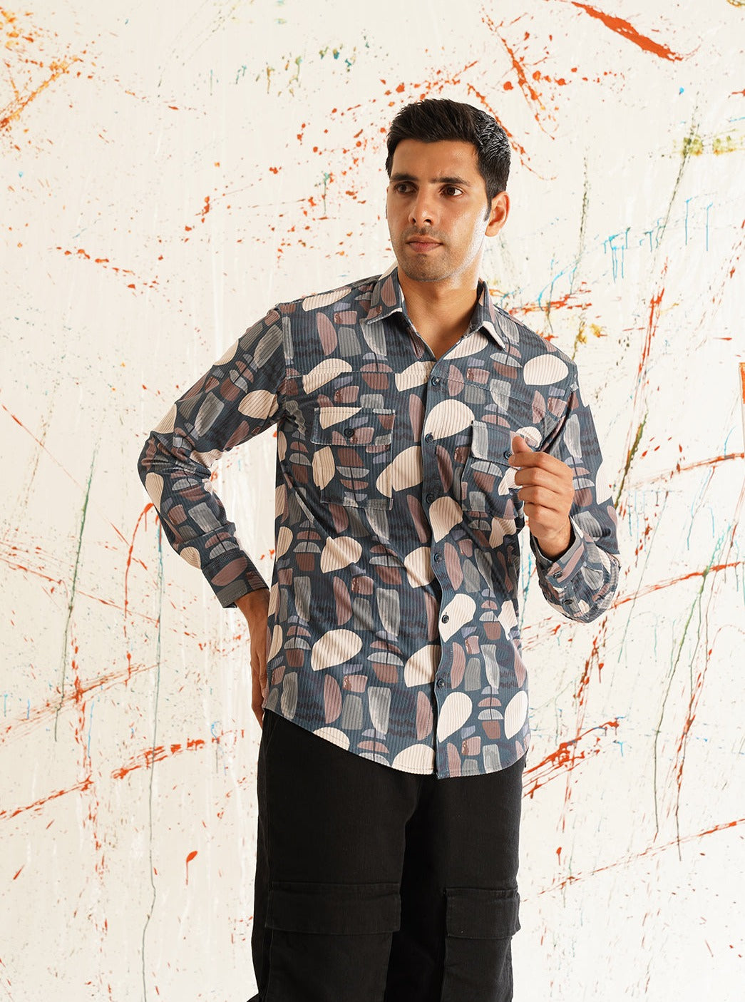 Printed Grey Spread Collar Cotton Curved Casual Shirt-SF-930Grey