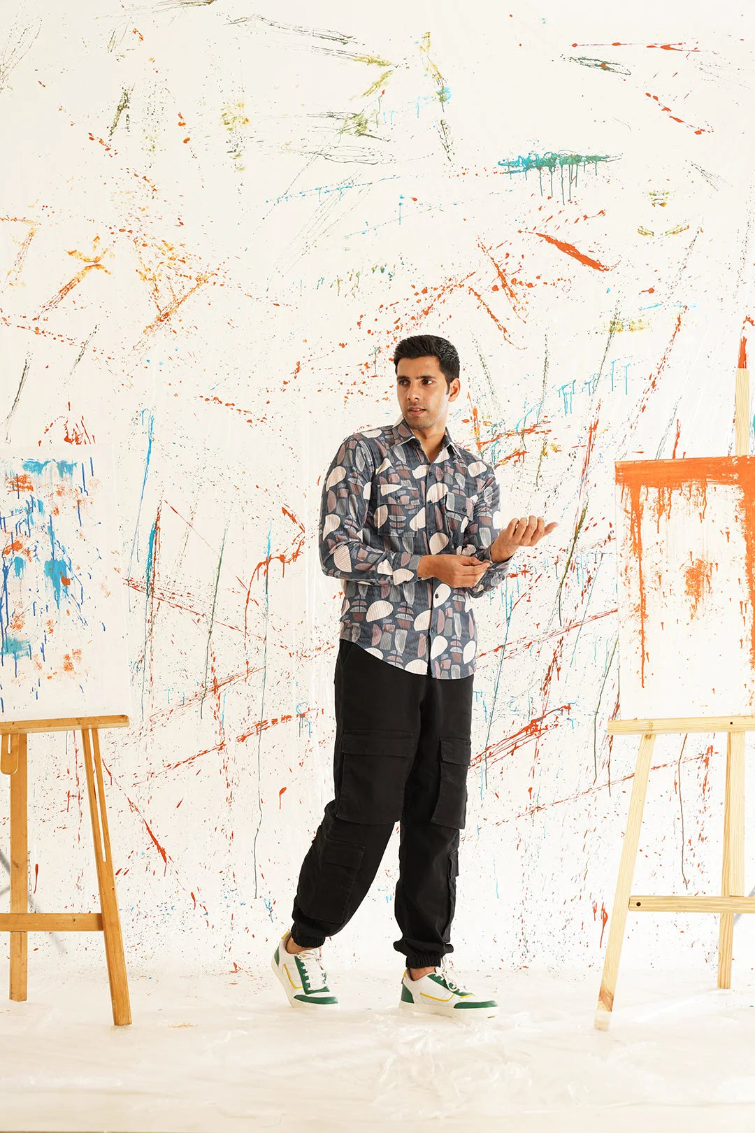 Grey Printed Cotton Shirt - Spread Collar Casual Mens Shirt