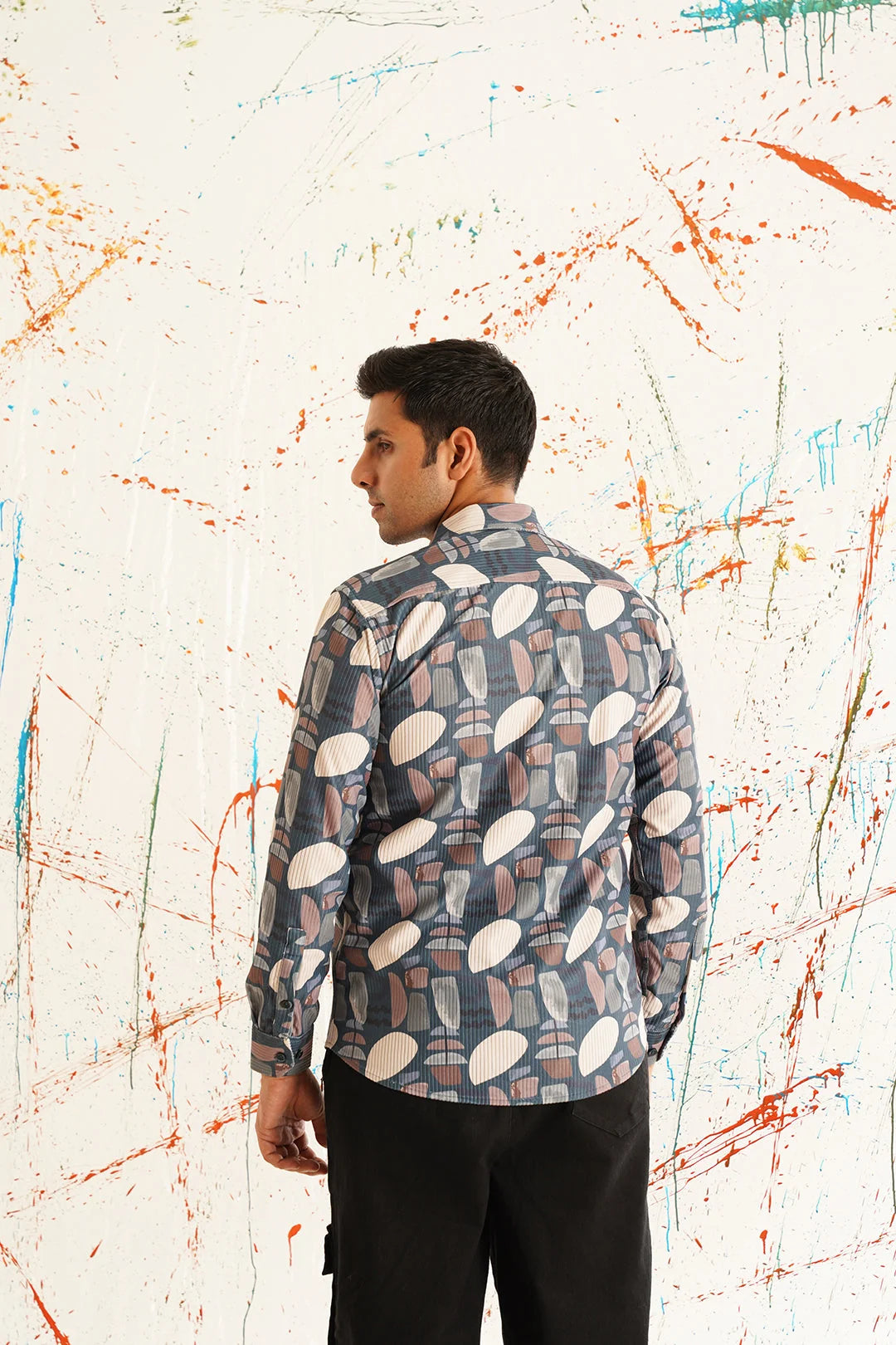 Grey Printed Cotton Shirt - Spread Collar Casual Mens Shirt